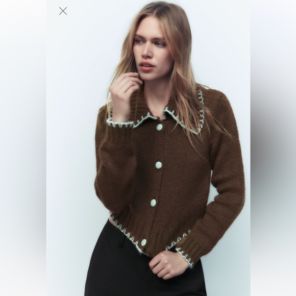 Zara Contrast Topstitching Knit Cardigan - Picture 2 of 16